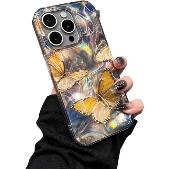 iPhone 14 Pro Max Butterfly Glitter Case – Gold Water Ripple Sparkle - Picture 8 of 8